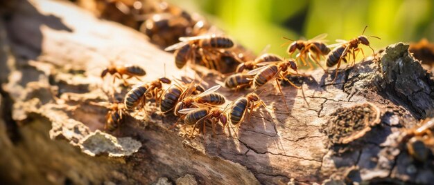 Photo un groupe d'abeilles sont sur une branche d'arbre et un panneau qui dit fourmis
