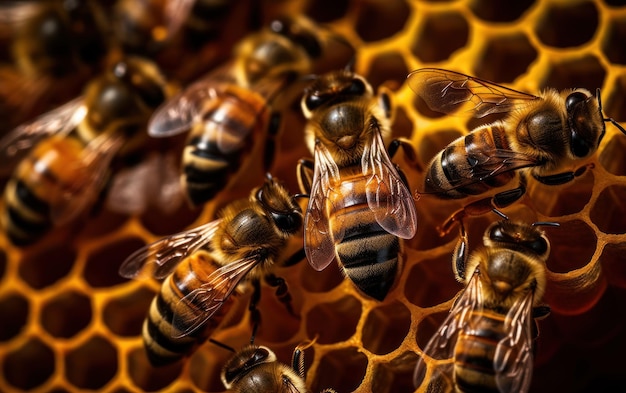 Un groupe d'abeilles travaillant ensemble à l'intérieur de leur ruche