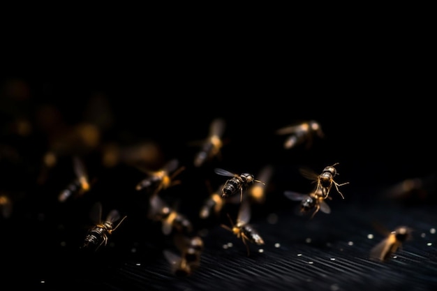 Un groupe d'abeilles vole sur une surface noire.