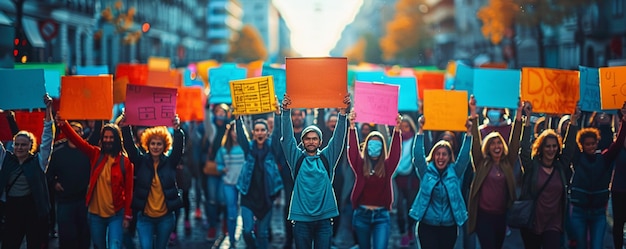 Un groupe d'activistes organisant une manifestation en arrière-plan