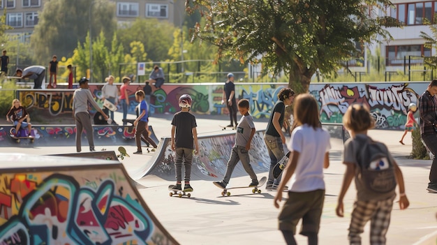 Photo un groupe d'adolescents divers faisant du skateboard dans un parc de skate par une journée ensoleillée. ils portent tous des vêtements décontractés et des vêtements de protection.