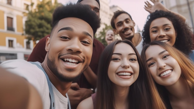 Un groupe d'adolescents divers prenant un selfie dans la ville créée avec l'IA.