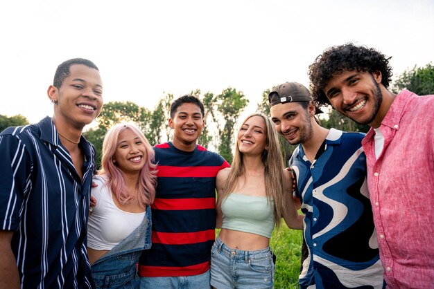 Un groupe d'adolescents multiethniques passe du temps à l'extérieur pour un pique-nique dans le parc.