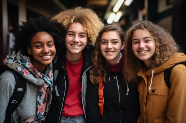 Un groupe d'adolescents avec des sacs à dos dans un style heureux de retour à l'école