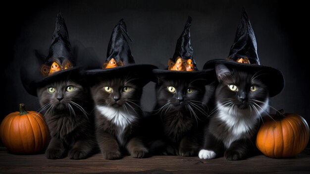 Un groupe adorable de chats portant des chapeaux de sorcières des animaux de compagnie d'Halloween capricieux