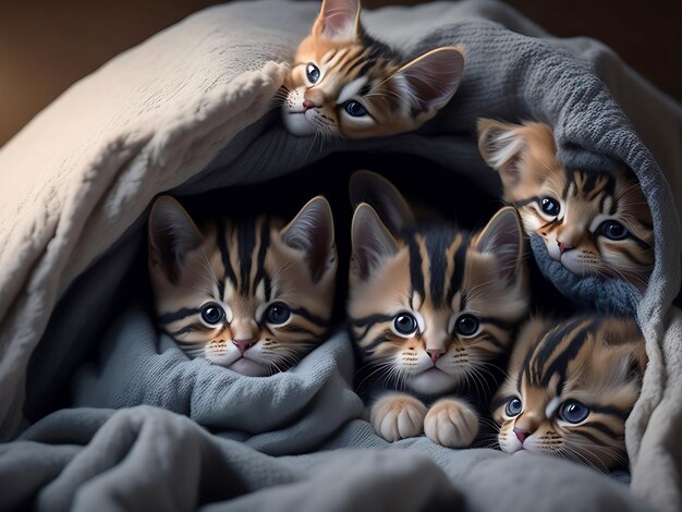 Un groupe d'adorables chatons blottis ensemble dans une couverture douillette fort Ai génère