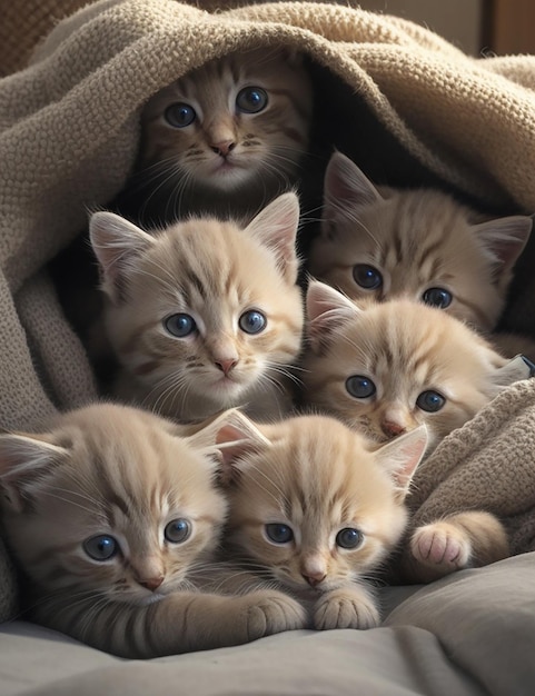 groupe d'adorables chatons blottis ensemble dans une couverture douillette