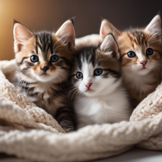 groupe d'adorables chatons blottis ensemble dans une couverture douillette