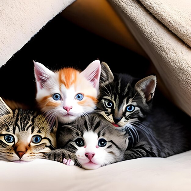 Un groupe d'adorables chatons blottis ensemble dans un fort douillet