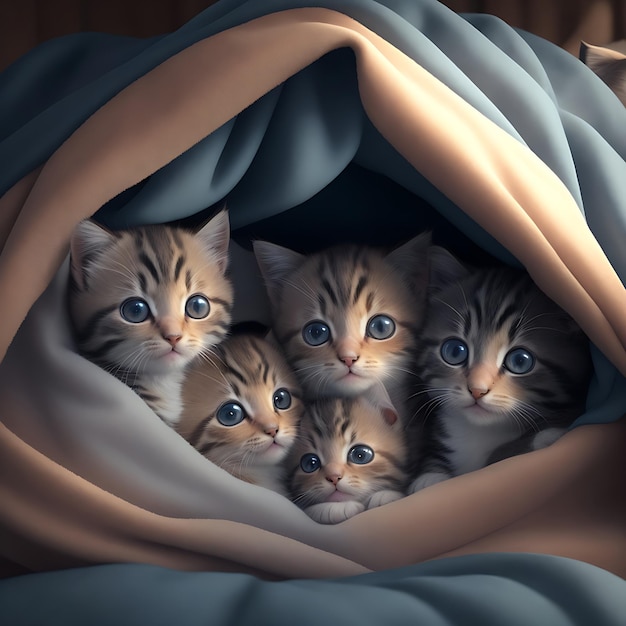 Un groupe d'adorables chatons blottis ensemble dans un fort douillet