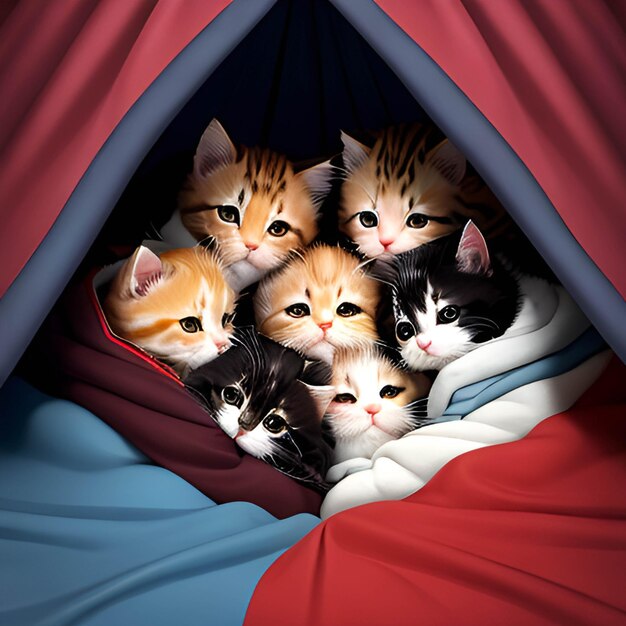 Un groupe d'adorables chatons blottis ensemble dans un fort douillet