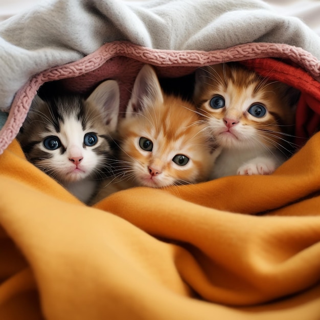 Un groupe d'adorables chatons câlins ensemble dans une couverture confortable IA générative