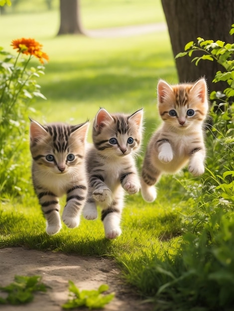 Un groupe d'adorables chatons jouant ensemble en plein air