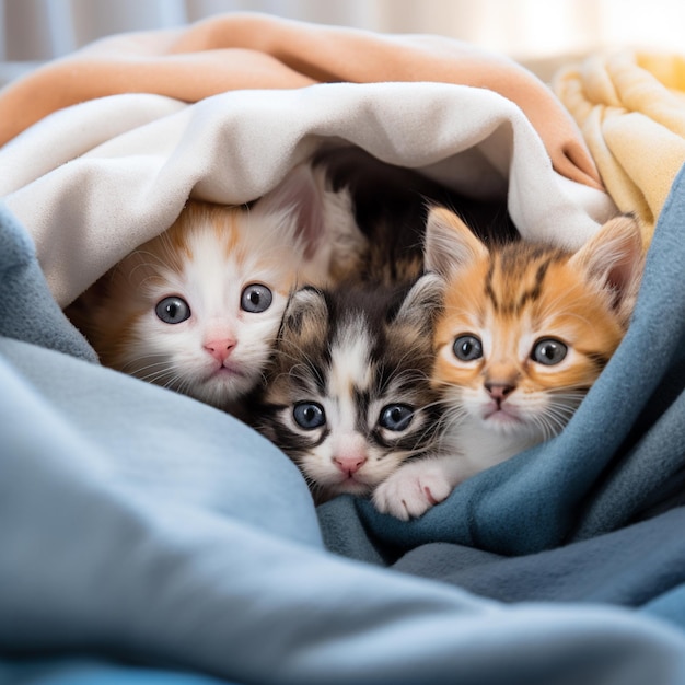 Groupe d'adorables chatons mignons sous une couverture