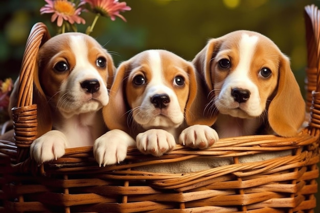 Groupe d'adorables chiots Beagle assis dans un panier de fleurs en arrière-plan AI générative