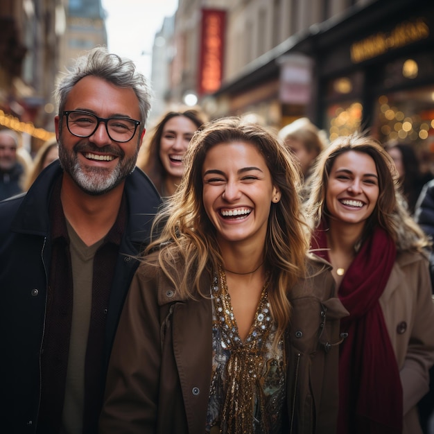 Un groupe d'adultes se promènent dans la ville souriants et heureux.