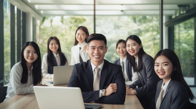 Un groupe d'affaires asiatique souriant au bureau.