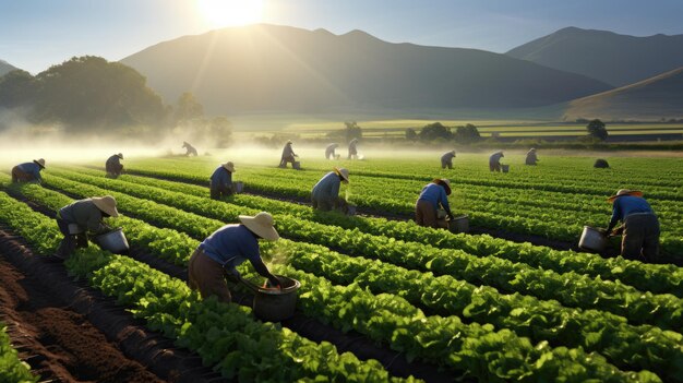 Photo un groupe d'agriculteurs travaillant ensemble dans un champ de laitue s'occupant des récoltes sous un ciel ensoleillé brillant