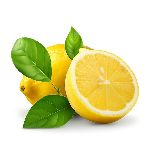 Groupe d'agrumes de citron jaune entier mûr avec moitié de citron isolé sur fond blanc