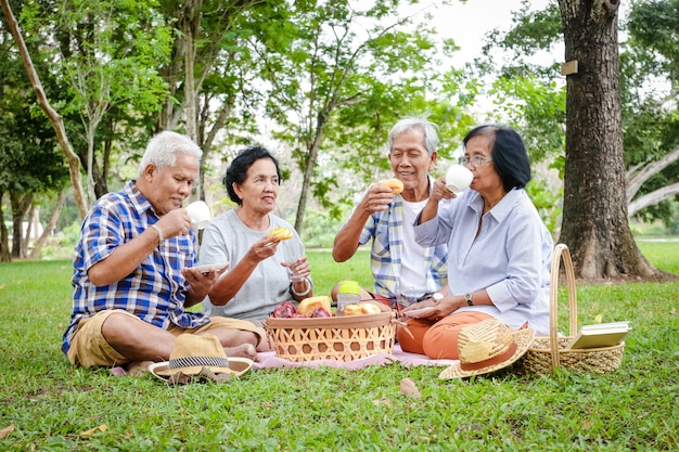 Un groupe d'aînés asiatiques est assis, se détend et prépare des collations à manger dans le jardin ombragé. Regardez-les heureux. Concepts de la communauté des personnes âgées. Pique-nique au parc