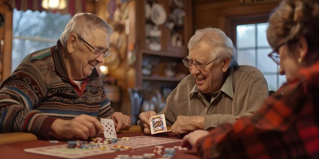 Un groupe d'aînés jouant aux cartes dans la maison de retraite.