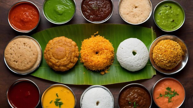 Photo un groupe d'aliments sud-indiens comme le masala dosa uttapam idli ou idly wada ou vada sambar appam se