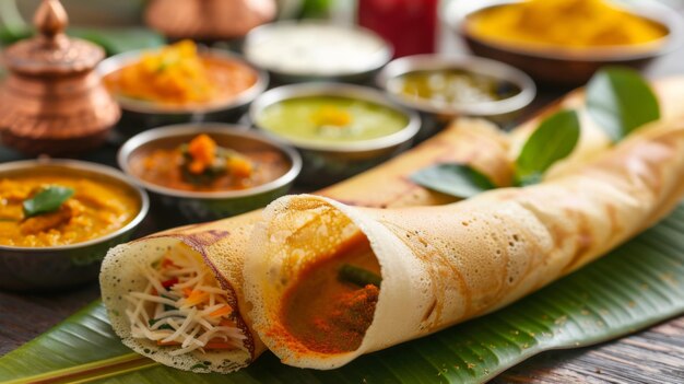 Un groupe d'aliments sud-indiens comme le Masala Dosa Uttapam Idliidly Wadavada sambar appam semolina halwa upma servi avec de la banane