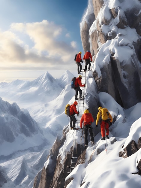 Un groupe d'alpinistes escalade les montagnes en hiver