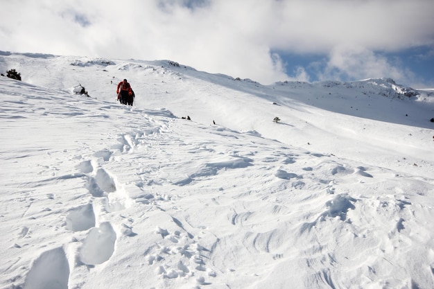 Groupe d'alpinistes marchant dans les montagnes couvertes de neigexDxA