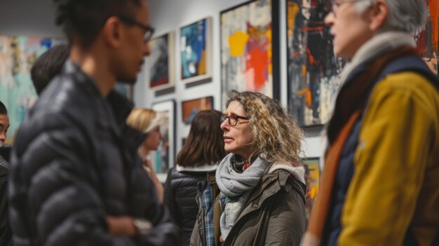 Photo un groupe d'amateurs d'art se rassemblent dans une galerie admirant une collection de peintures abstraites qui sont