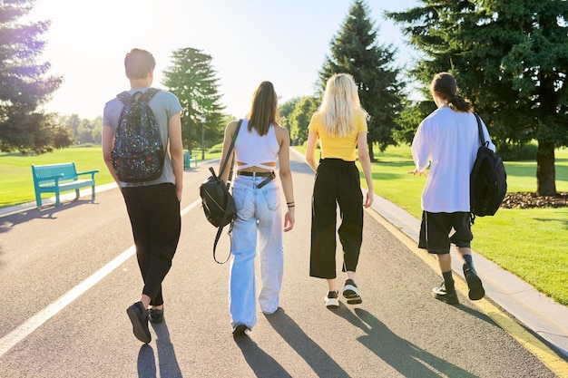 Groupe d'amis adolescents le jour d'été ensoleillé marchant ensemble sur la route vue arrière