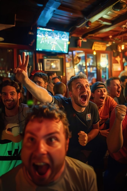 Un groupe d'amis applaudissent avec enthousiasme, les yeux fixés sur l'écran de la télévision alors qu'ils regardent un match de football.
