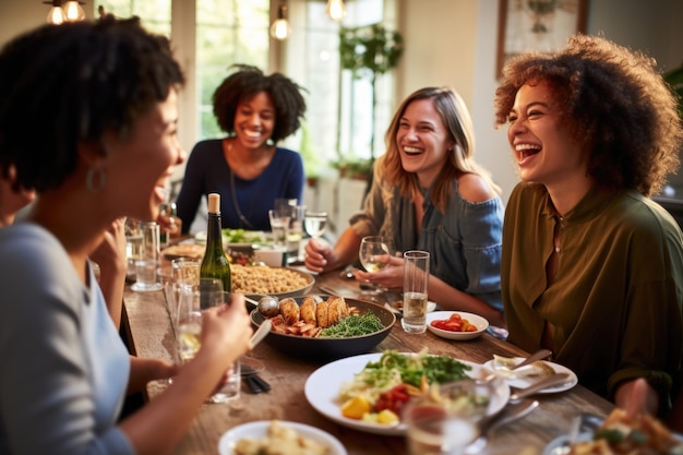 Groupe d'amis appréciant le rire pendant le repas