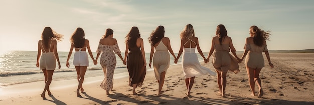 Un groupe d'amis apprécient une promenade ensemble sur la plage