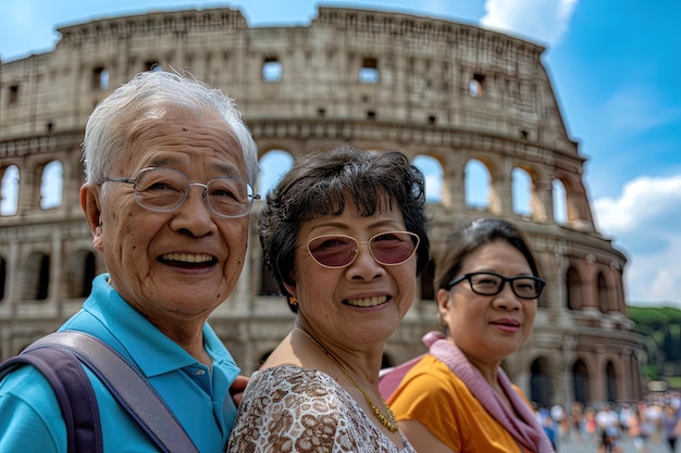 Groupe d'amis asiatiques seniors portrait de voyageur devant le Colisée de Rome