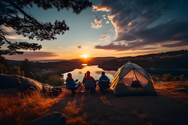 Groupe d'amis assis autour d'un feu de camp sur les montagnes Concept de voyage et de vacances