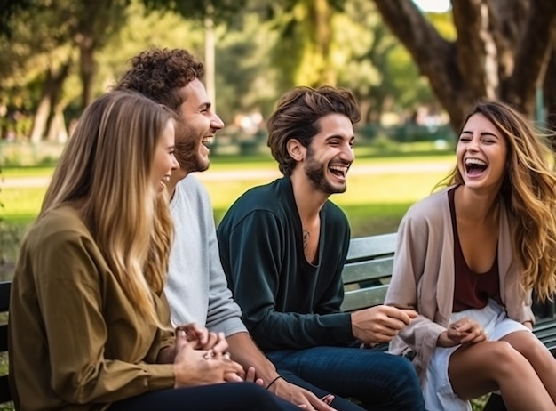 Un groupe d'amis assis sur un banc dans le parc riant et parlant des images de santé mentale illustration photoréaliste