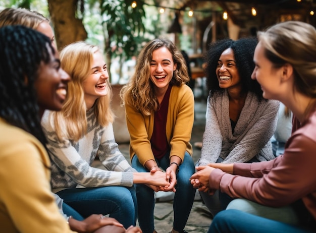 Un groupe d'amis assis en cercle se tenant la main et parlant des images de santé mentale illustration photoréaliste