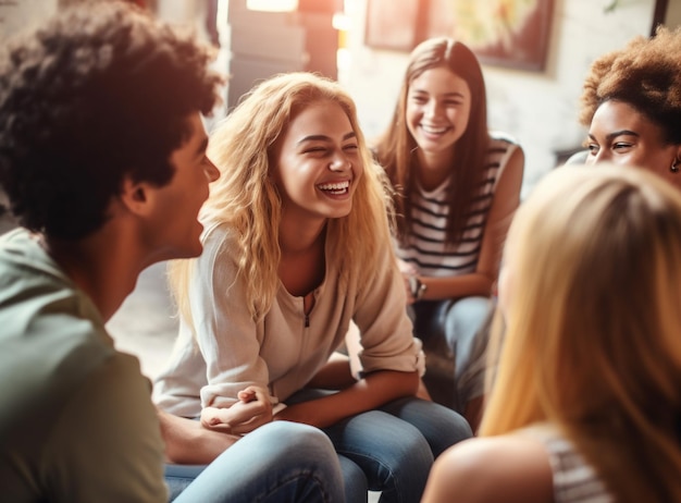 Un groupe d'amis assis en cercle se tenant la main et parlant des images de santé mentale illustration photoréaliste