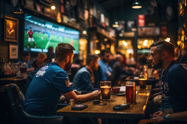 Un groupe d’amis assis à une table dans un bar et regardant le football sur grand écran