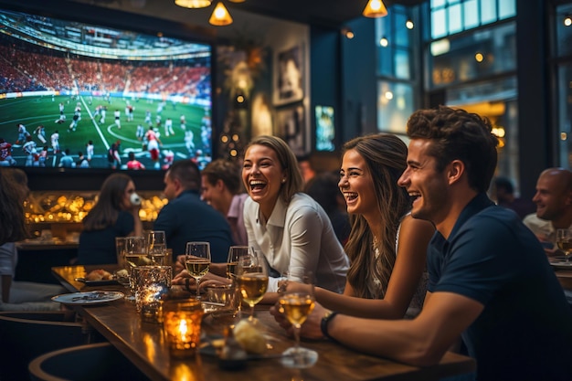 Un groupe d’amis assis à une table dans un bar et regardant le football sur grand écran