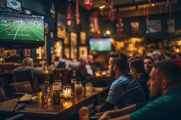 Un groupe d'amis assis à une table dans un bar et regardant le football sur grand écran