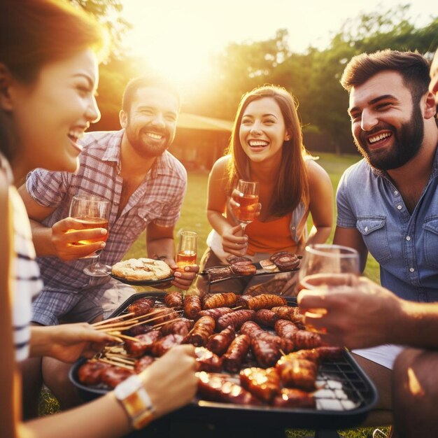 groupe d'amis ayant une fête au barbecue en plein air closeup