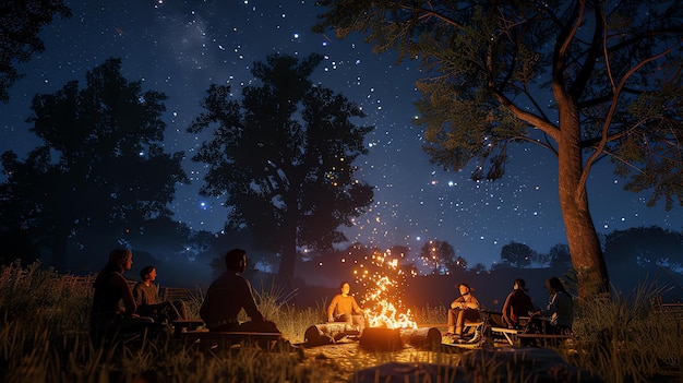 Un groupe d'amis campent ensemble dans le désert. Ils ont fait un feu de camp et sont assis autour de lui en train de parler et de rire.