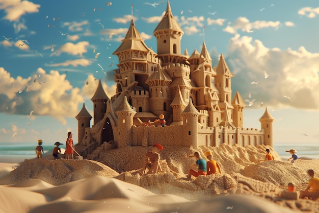 Un groupe d'amis construisant un château de sable