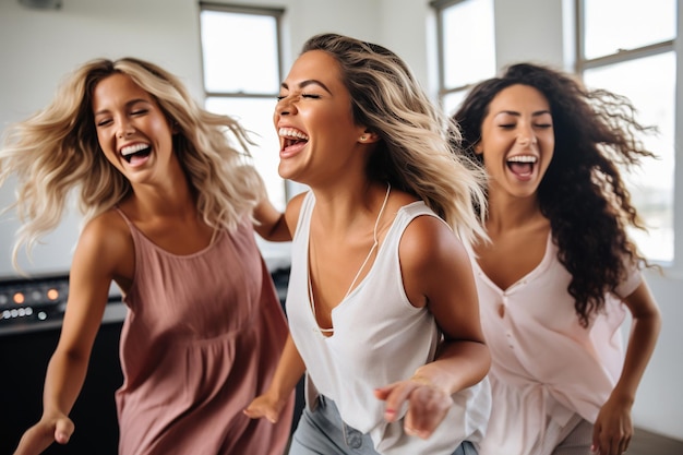 Un groupe d'amis dansent dans un studio.