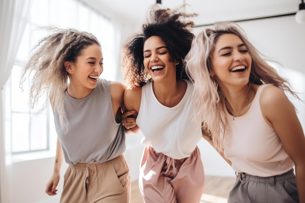 Un groupe d'amis dansent dans un studio.