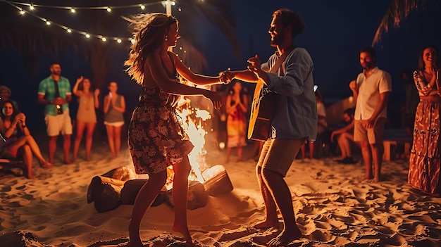 Un groupe d'amis dansent et s'amusent devant un feu de joie sur la plage. Le feu chaud craque et les vagues s'écrasent en arrière-plan.