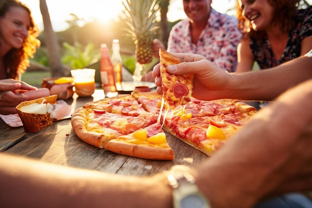 Un groupe d'amis dégustant des tranches de pizza hawaïenne lors d'un pique-nique