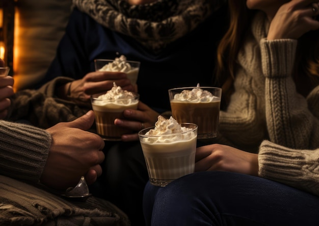 Un groupe d'amis dégustant des White Russians dans un cadre lounge et cosy